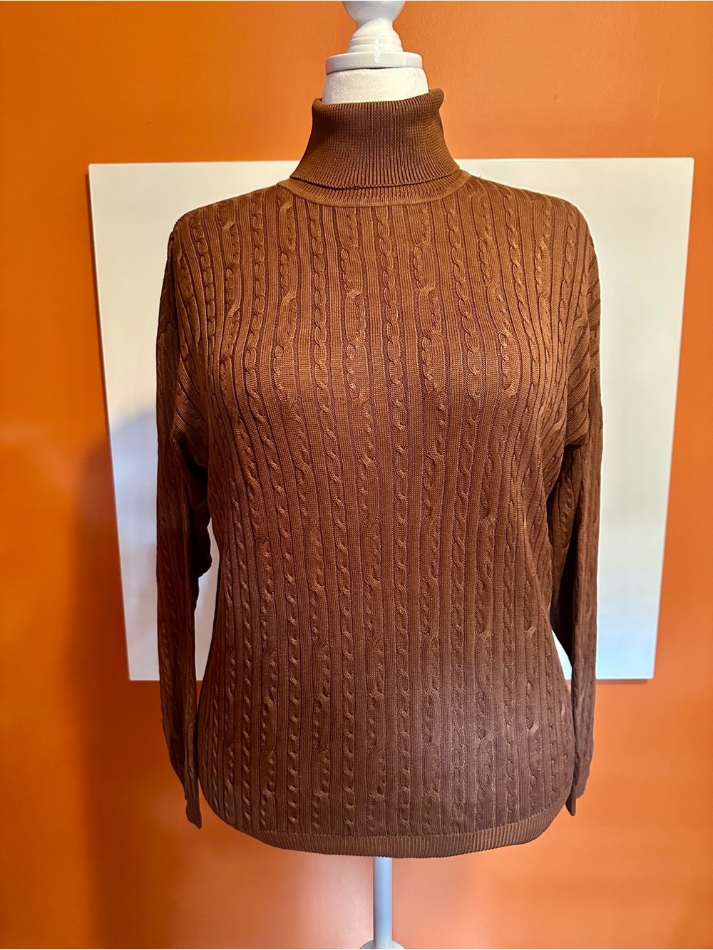 Barry Bricken 100% Silk Brown Cable Knit Turtleneck Sweater Size Large